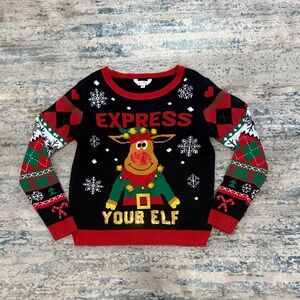 Express Black Sweater with Reindeer and Festive Accents